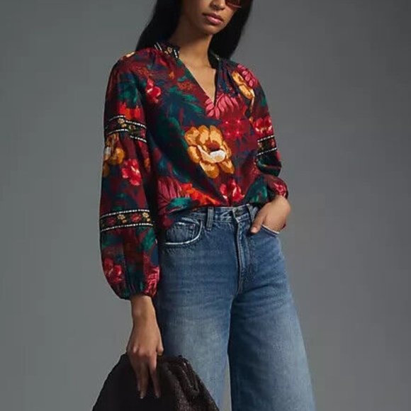 FARM Rio Tops - NEW Farm Rio Anthropologie XS V-Neck Poplin Blouse Top Floral Nwt